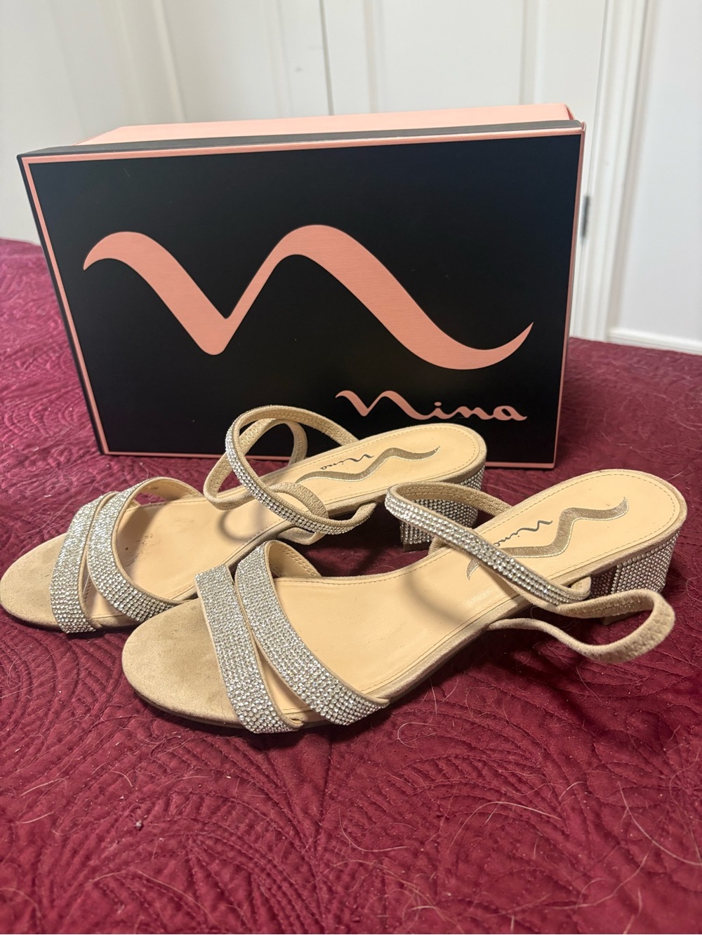 Nina Champagne Rhinestone Strappy Block Heel Sandals